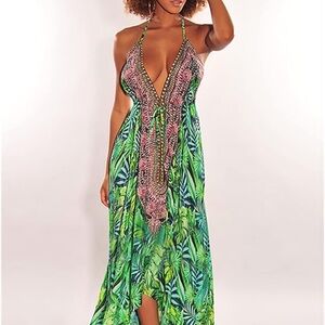 Tropical Green Backless Halter Dress